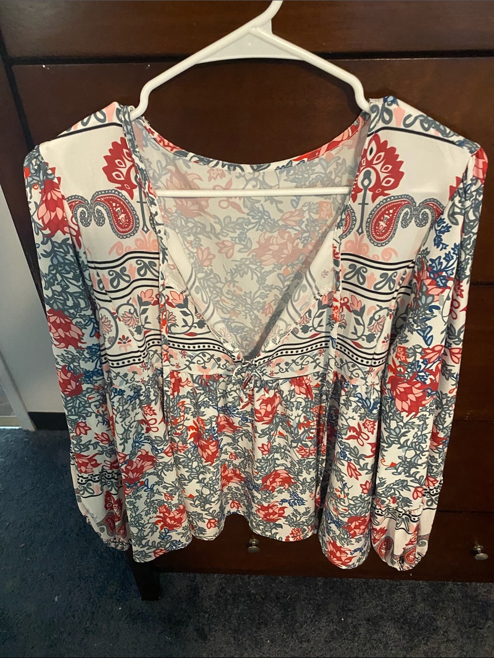Boho Floral V-Neck Peasant Tunic in White, Coral & Blue
